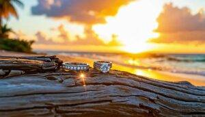 The photo depicts two engagement rings on a driftwood log at a Miami beach.