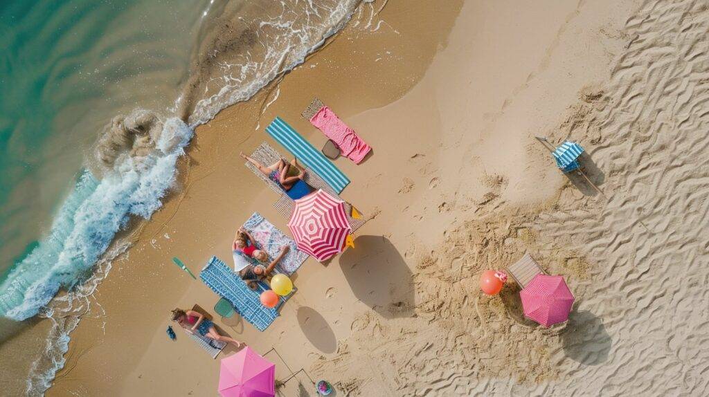 A family beach photoshoot with coordinated props and accessories in a natural beach setting.