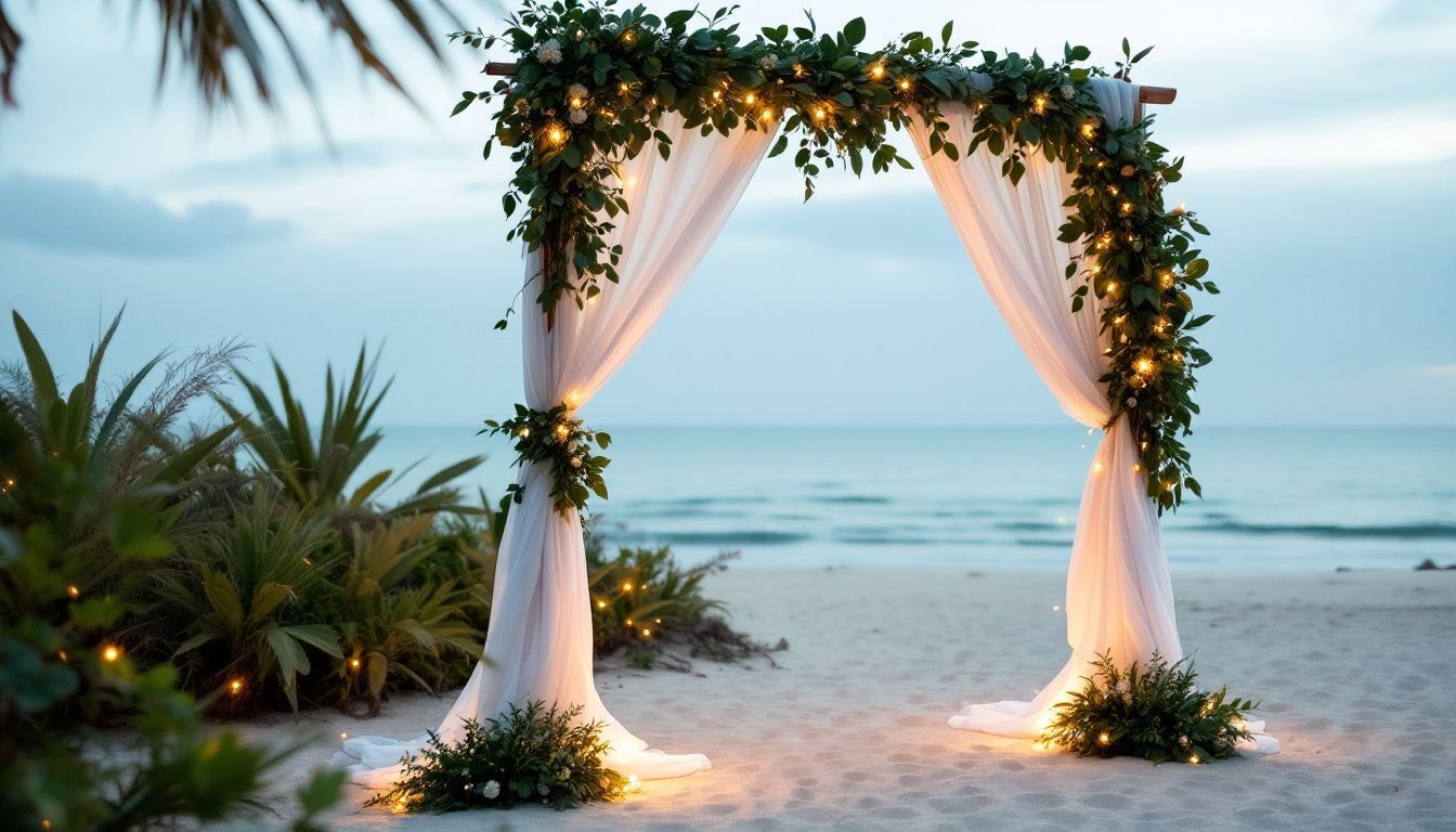 A beachside wedding setup in Tampa featuring a beautifully decorated arch with white fabric, greenery, and twinkling lights.