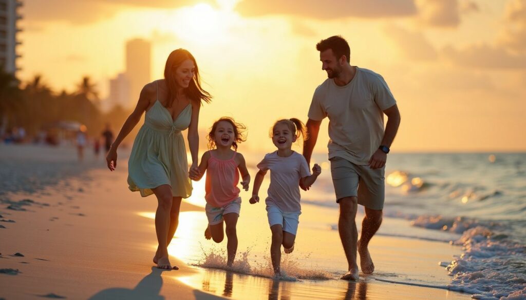 A family of four enjoys a playful beach day at Miami Beach during sunset.