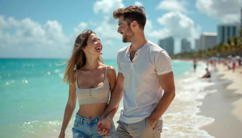 A young couple laughing and holding hands on a lively Miami beach.