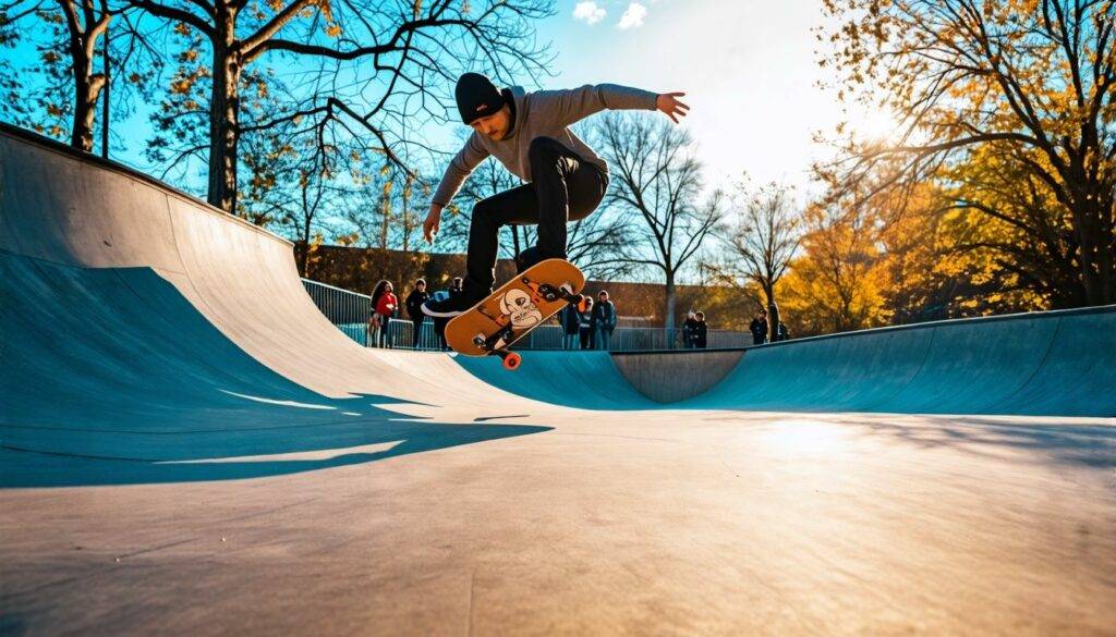 A skateboarder performing a kickflip in a busy urban skate park, captured with quick action shot.