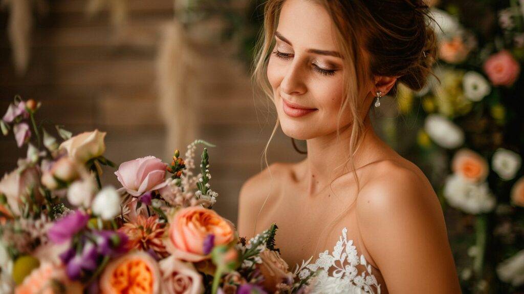 A bride preparing for her wedding surrounded by floral arrangements.