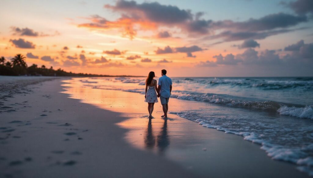 A serene Tampa Bay beach at sunset, ideal for an engagement photoshoot with a romantic ambiance.