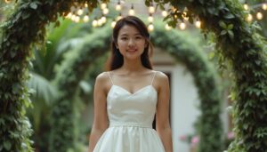 A bride in a simple white gown stands under a greenery-decorated archway with soft string lights.