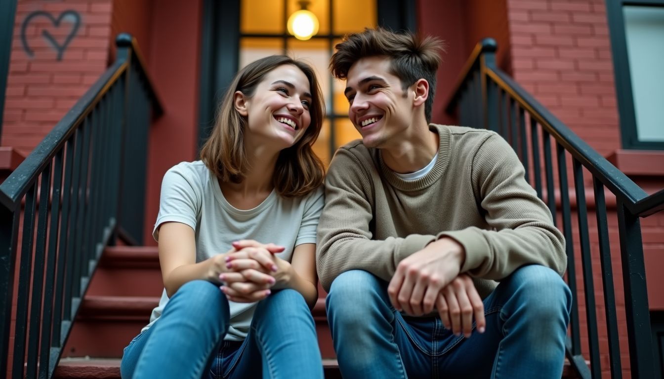 A young man and woman sit on a brick stoop in an urban neighborhood, sharing a laugh.