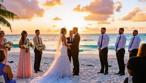 A couple exchanging vows at a beachfront ceremony in Key West, FL, with professional photographers capturing the moment.