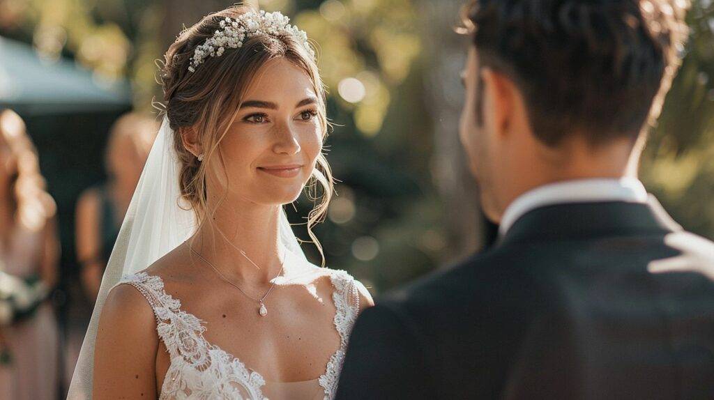 A bride and groom exchange vows at their wedding ceremony, captured with a zoom lens.