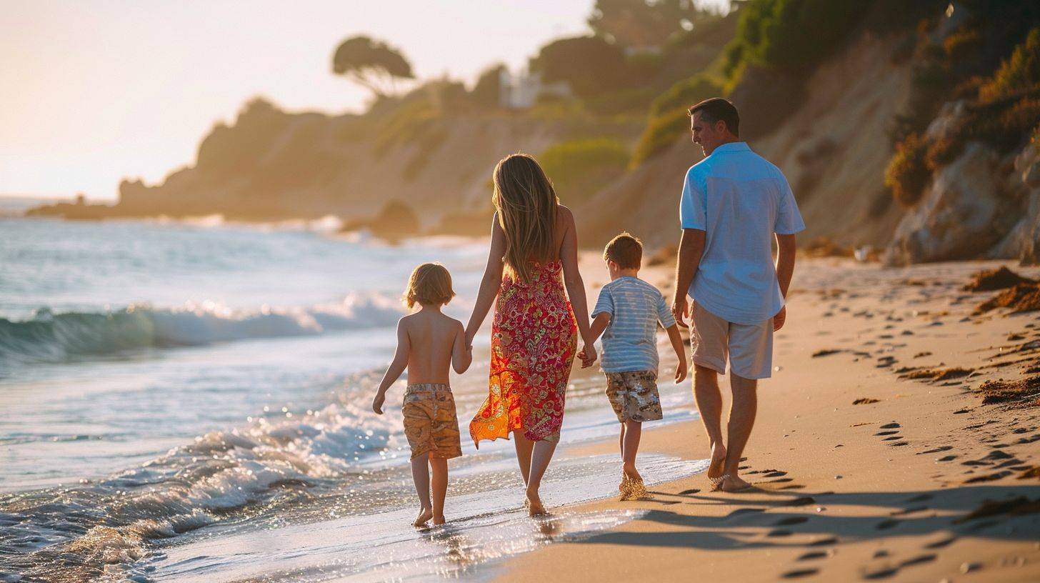 A family walks along the shoreline in coordinating beach outfits with vibrant colors.