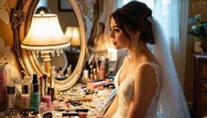 A young bride sits at a vanity, surrounded by makeup and jewelry, gazing nervously and excitedly at her reflection.