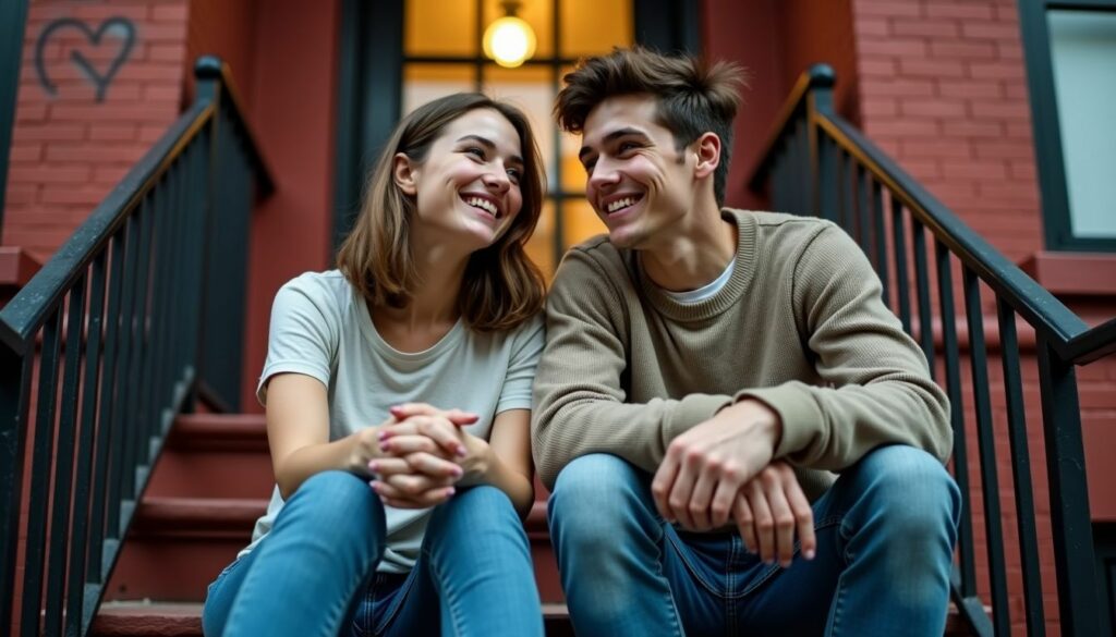 A young man and woman sit on a brick stoop in an urban neighborhood, sharing a laugh.