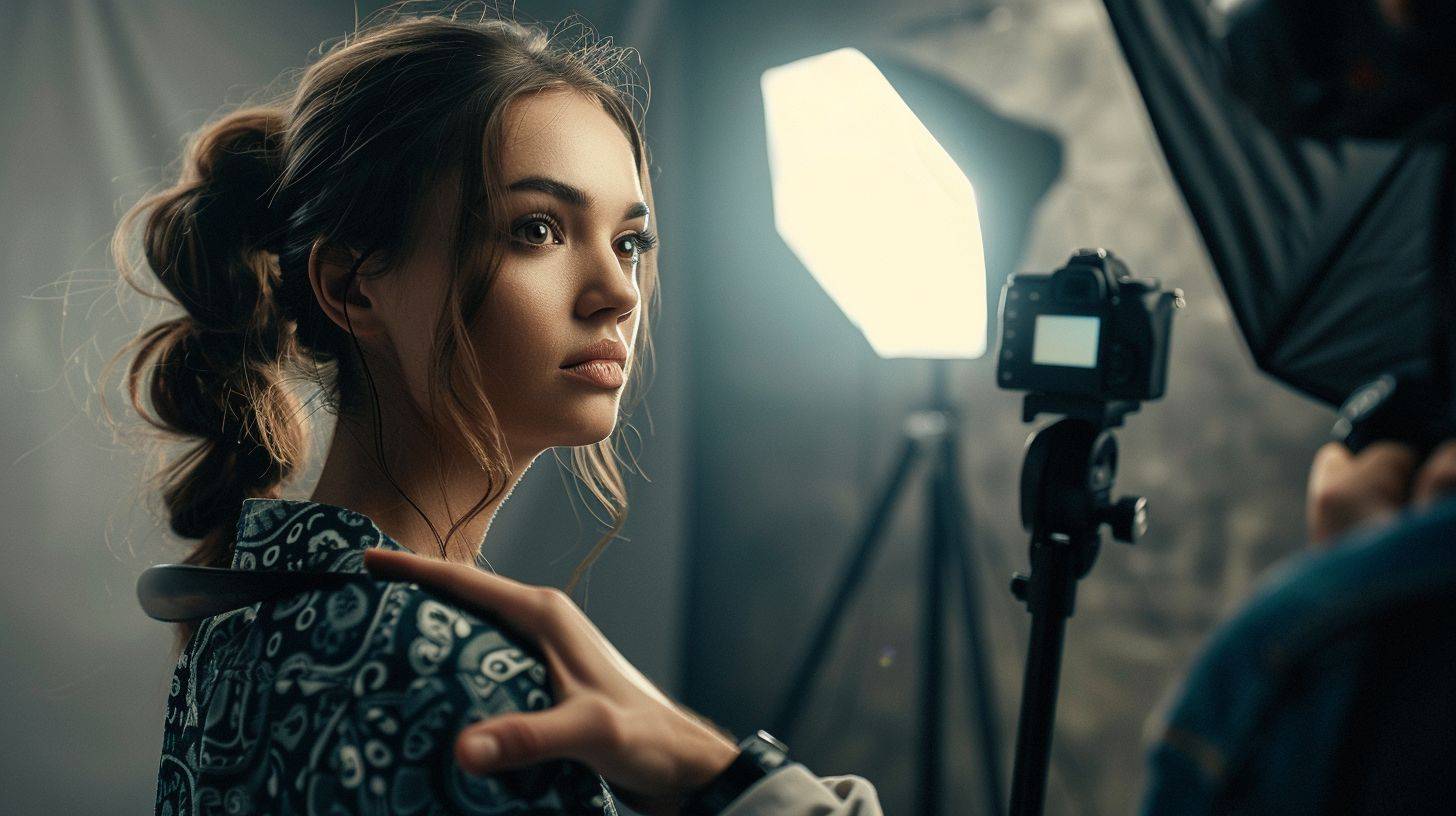 A photographer is taking a portrait of a model using a Sony A7III camera with a 50mm lens.