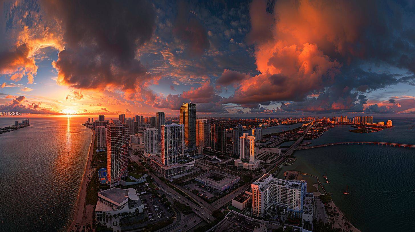 The Miami skyline is captured at sunset with a wide-angle lens, showcasing the entire cityscape.