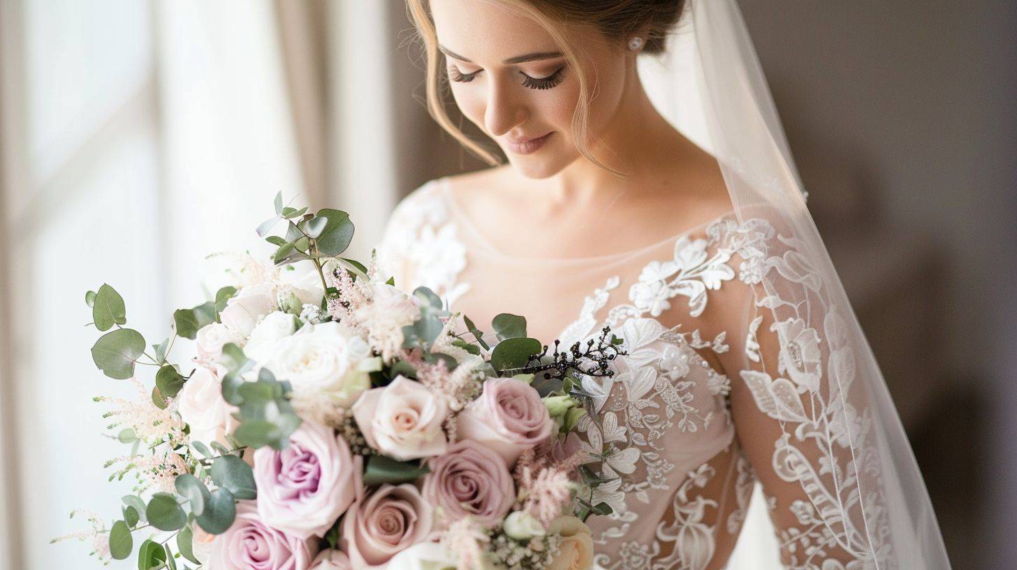 A bride is shown in close-up, holding a beautifully arranged bouquet in a portrait photograph.