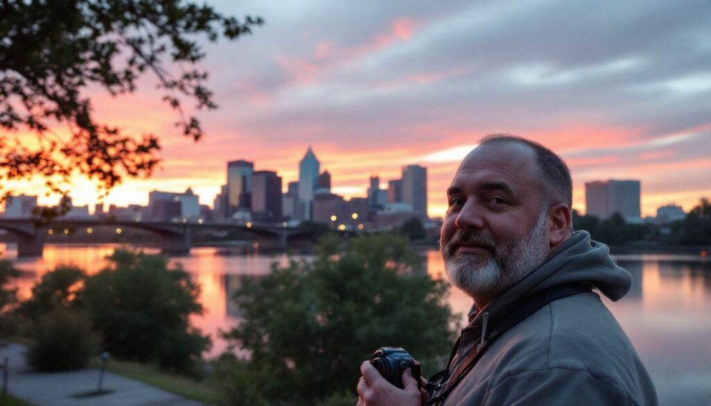 A photographer captures a vibrant sunset over the Arkansas River in a casual city setting.