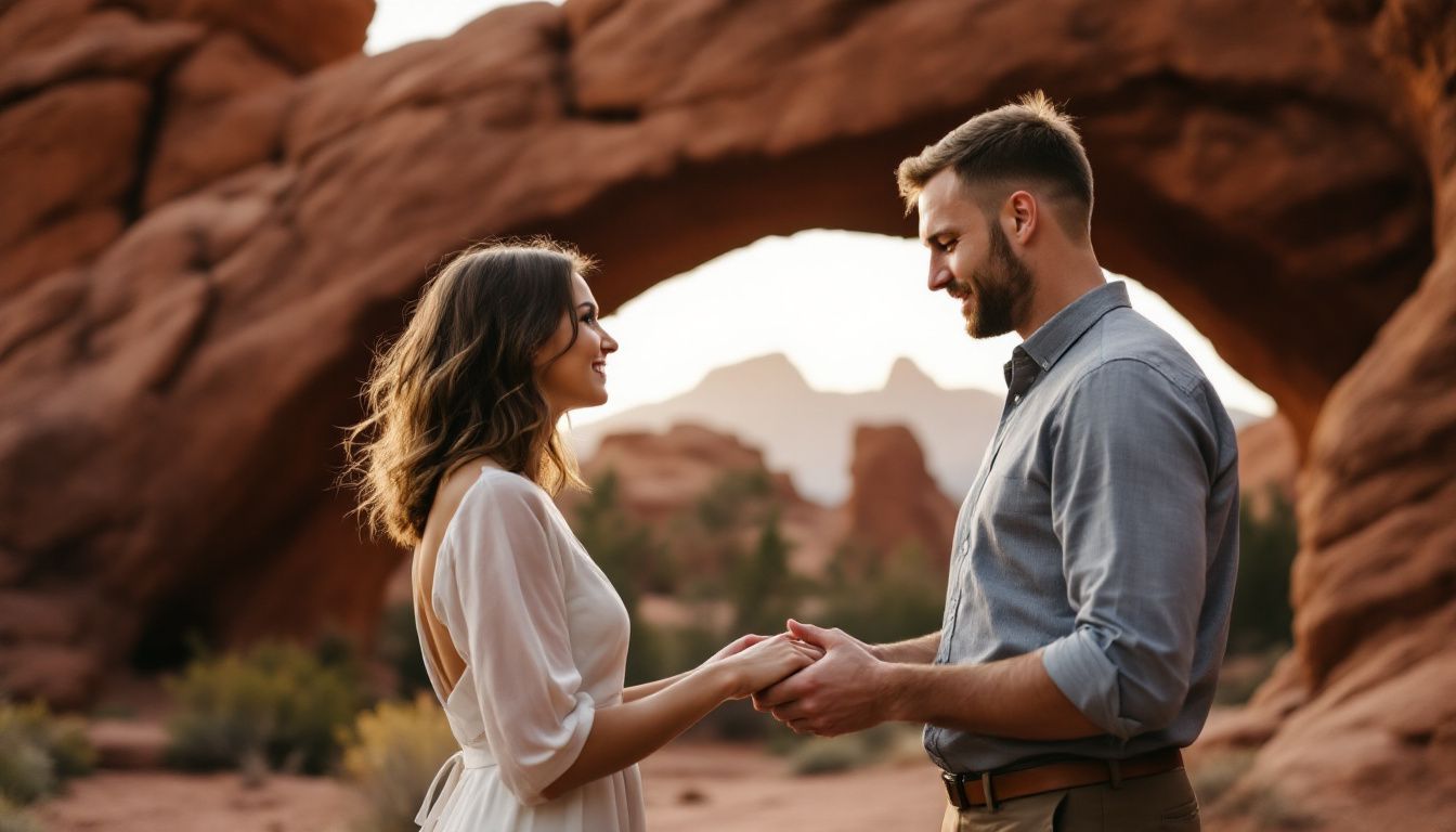 A couple in casual attire exchanging vows at Red Rocks Amphitheatre in Denver.