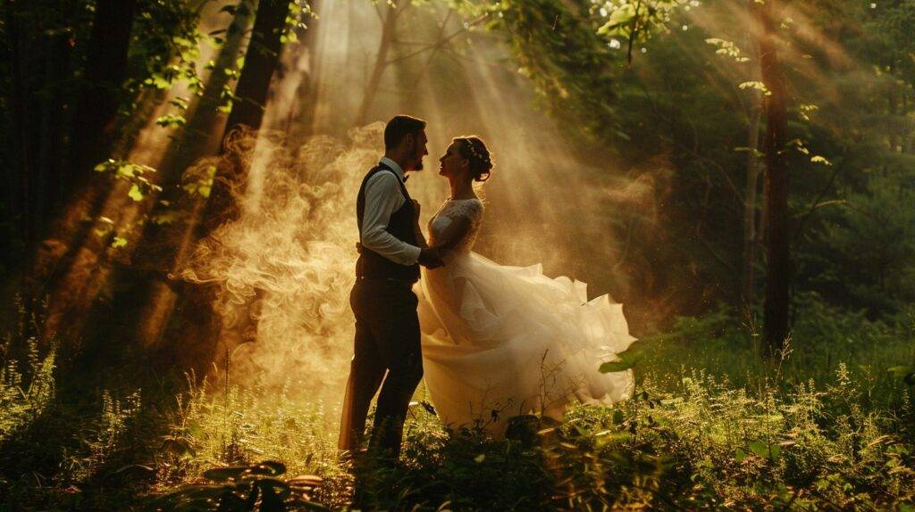 A bride and groom dance in a forest clearing, surrounded by magical light.