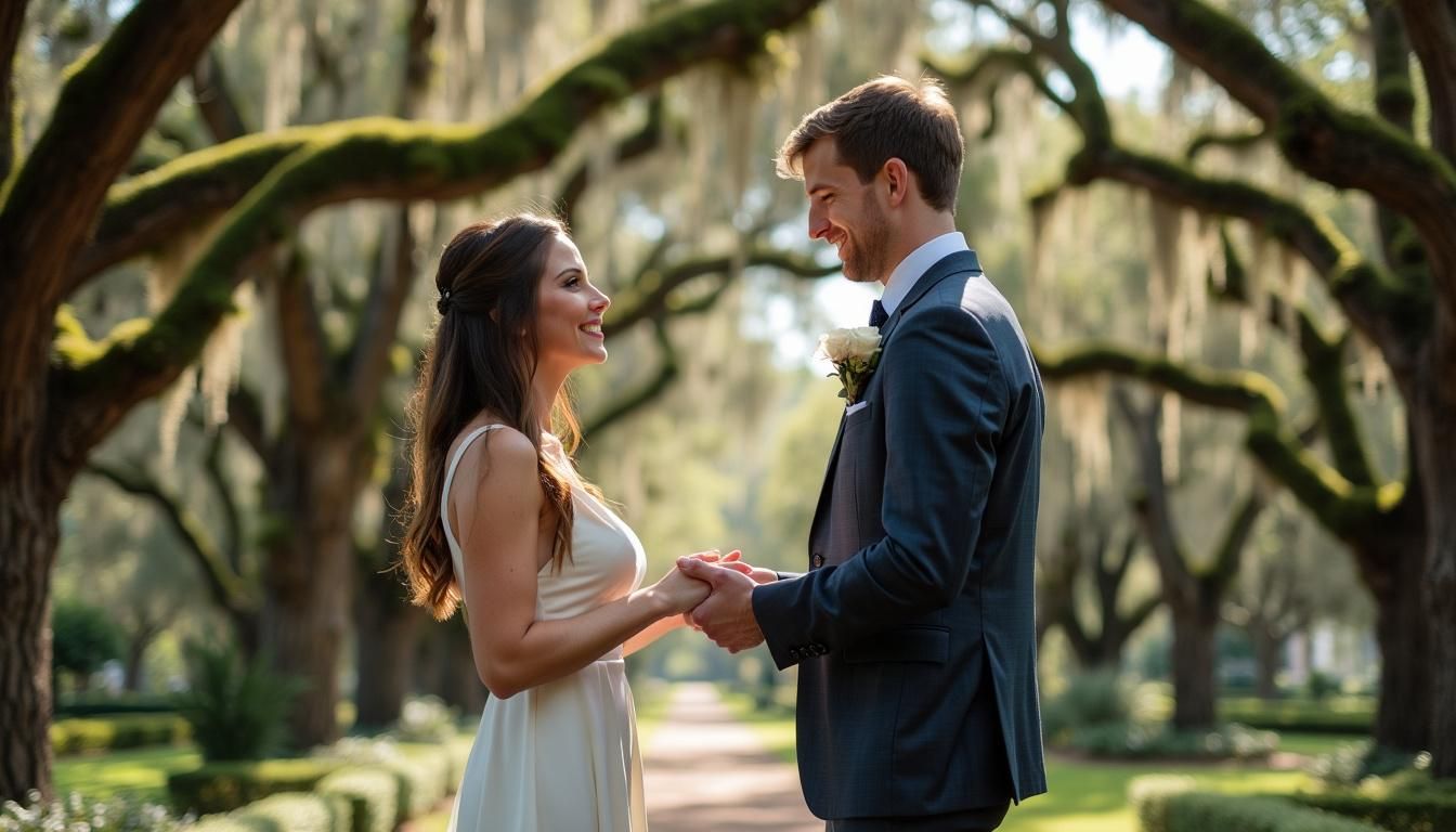 A couple exchanging vows in a forest wedding venue in Orlando.