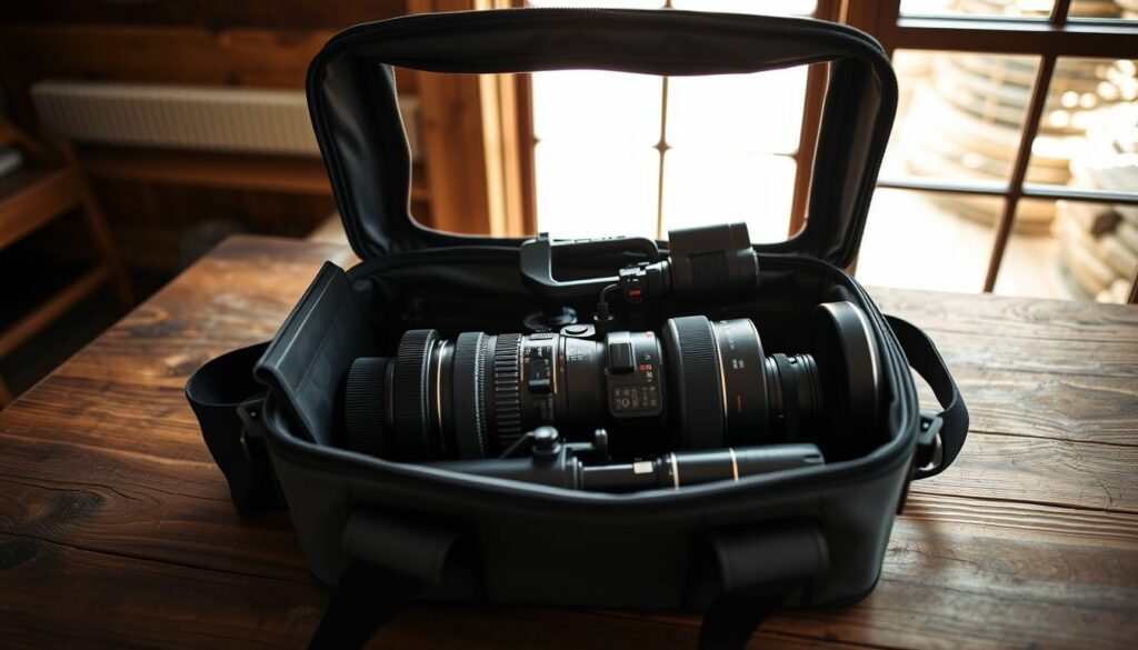 A wedding videographer's open camera bag with professional equipment on a wooden table.