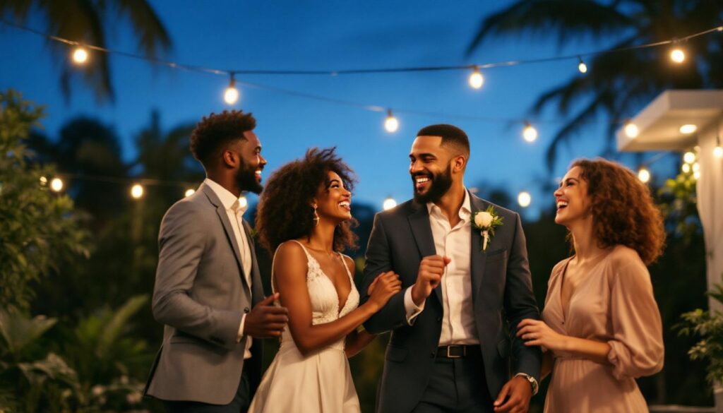 Three young couples enjoy a lively moment at an outdoor wedding in Miami.