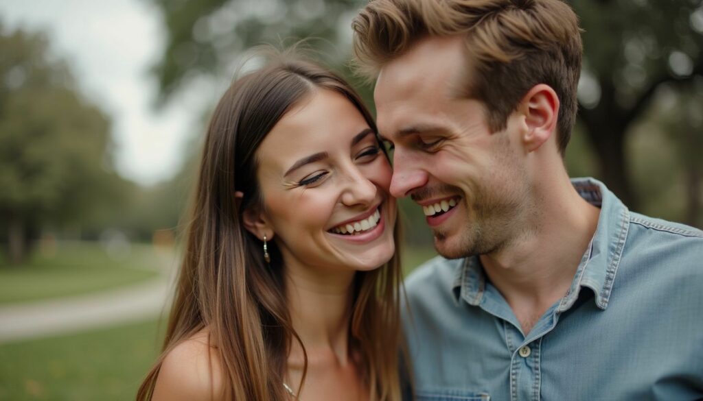 A young couple in their mid-20s laughing and smiling in a park in Orlando.