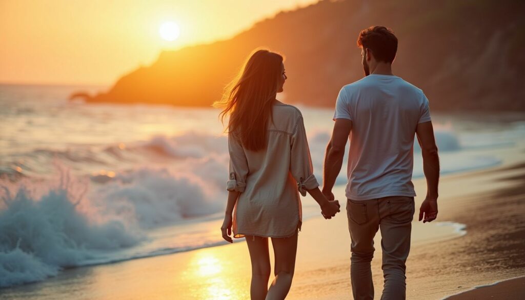 A couple in their late 20s walks hand in hand along the shoreline at sunset.