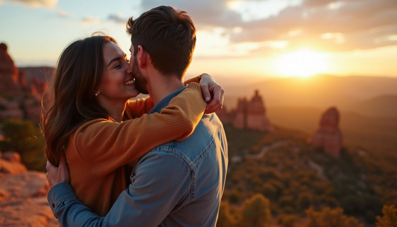 A young couple hugging at Garden of the Gods scenic overlook during sunset.