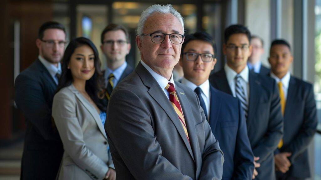 A group of business professionals pose for a formal portrait in a corporate office.