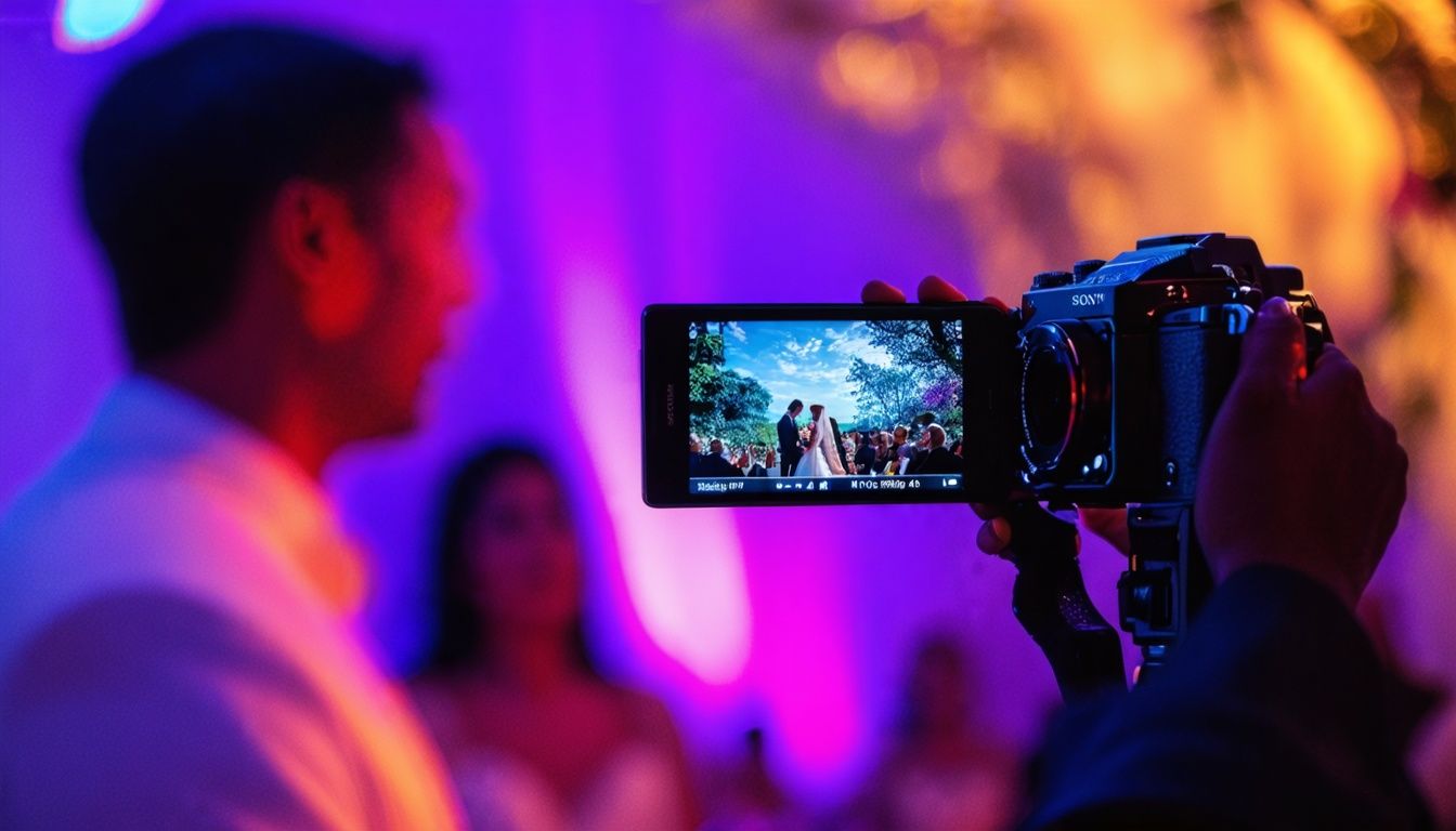 A wedding videographer captures a bride and groom exchanging vows with a high-quality camera.