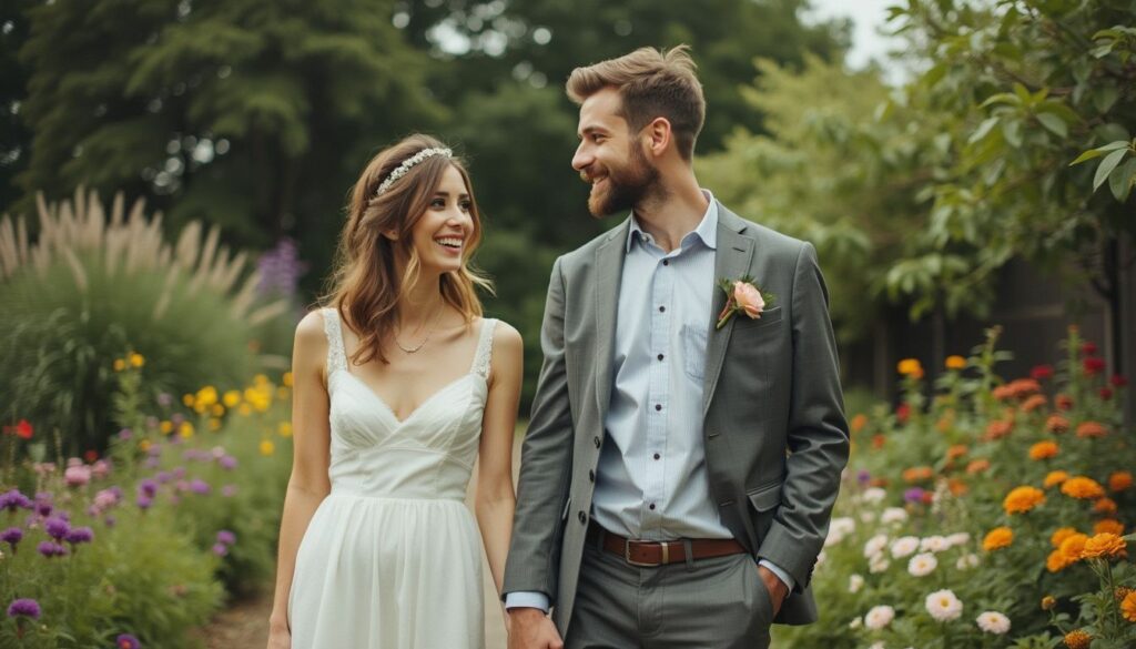 A casual outdoor wedding photo of a happy bride and groom surrounded by greenery and flowers.