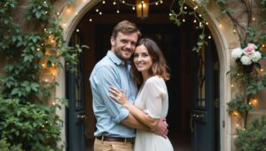 A mid-30s couple embracing under a simple archway decorated with fairy lights and flowers.