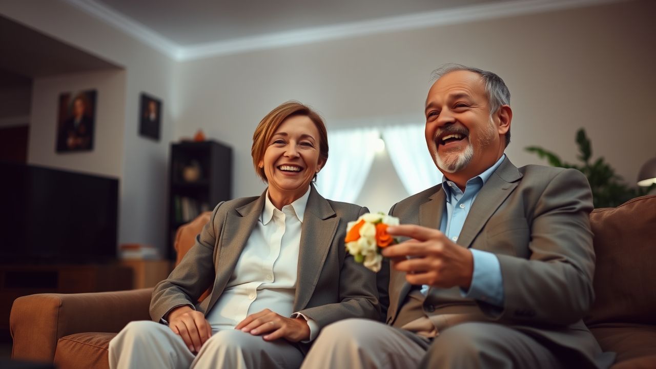 A middle-aged couple in casual wedding attire watches their wedding video, sharing joyful and intimate moments.