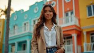 A young professional woman in casual attire stands in front of Art Deco buildings at sunset in Miami Beach.