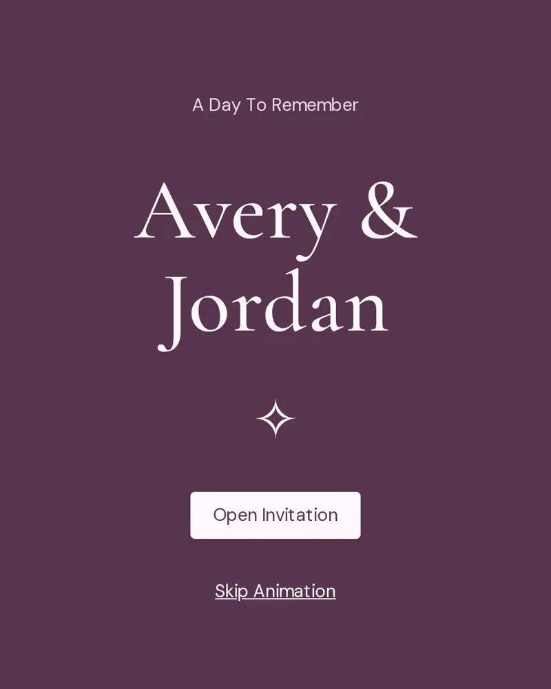 Wedding e-vite cover reading Avery and Jordan with an Open Invitation button