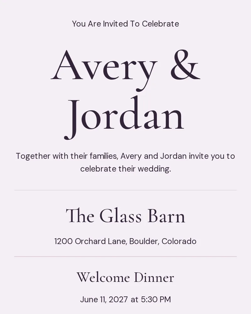 Opened wedding e-vite showing the couple's names, venue and welcome dinner