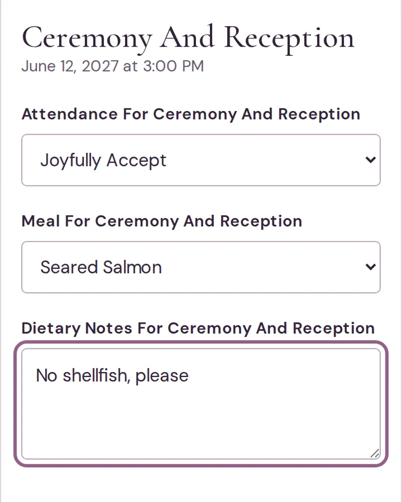 Private household reply page with attendance, meal choice and dietary notes