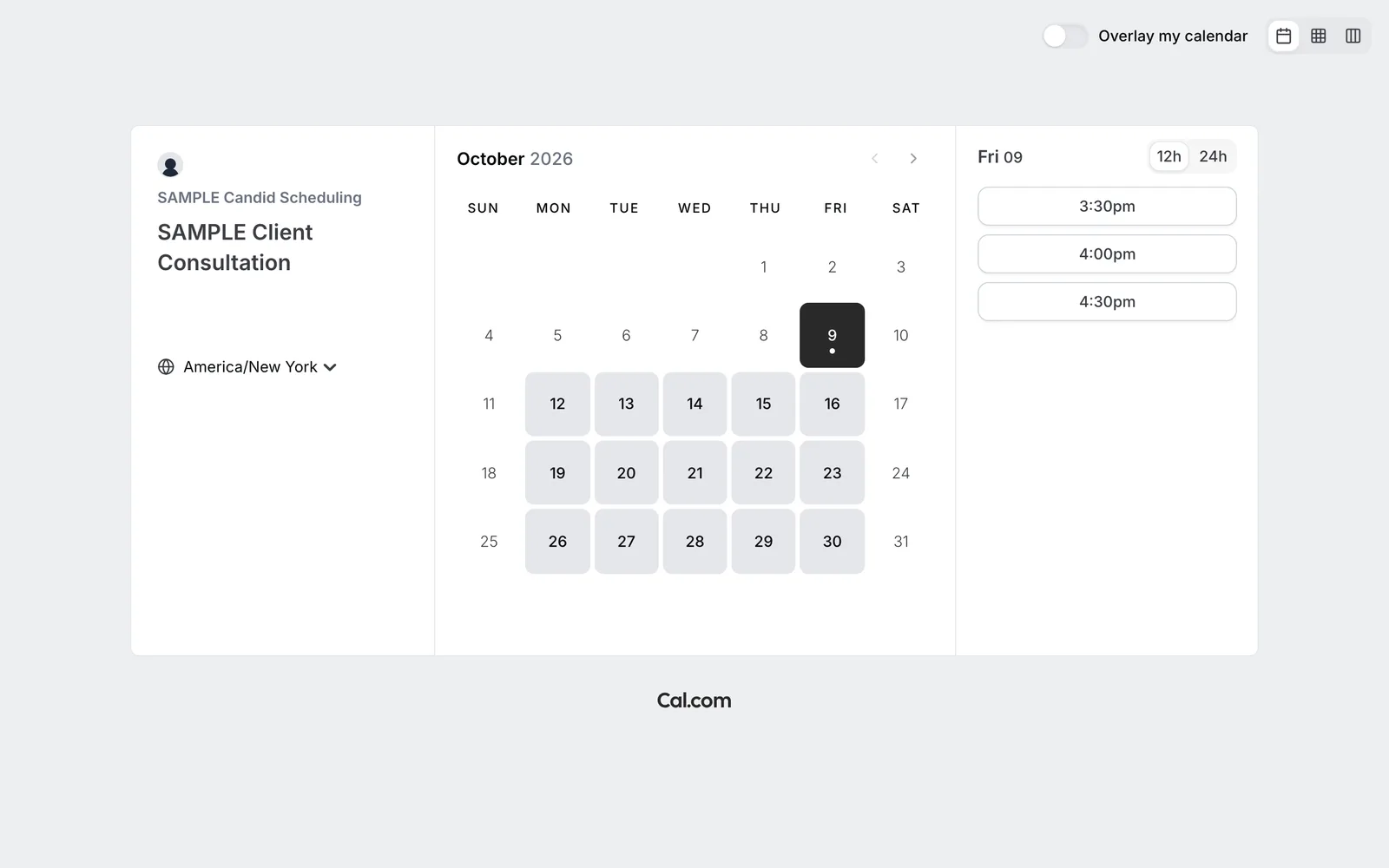 The scheduling page with a month calendar and a list of open times for the selected day