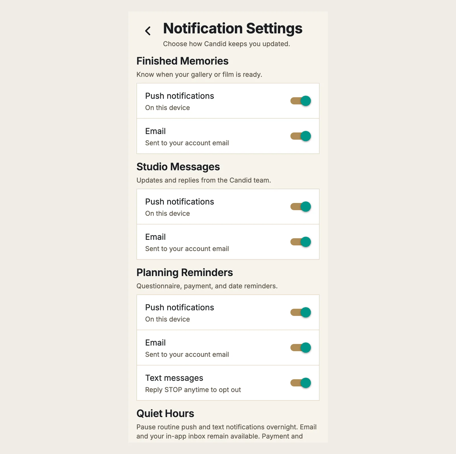 The Notification Settings screen with switches for Finished Memories, Studio Messages and Planning Reminders
