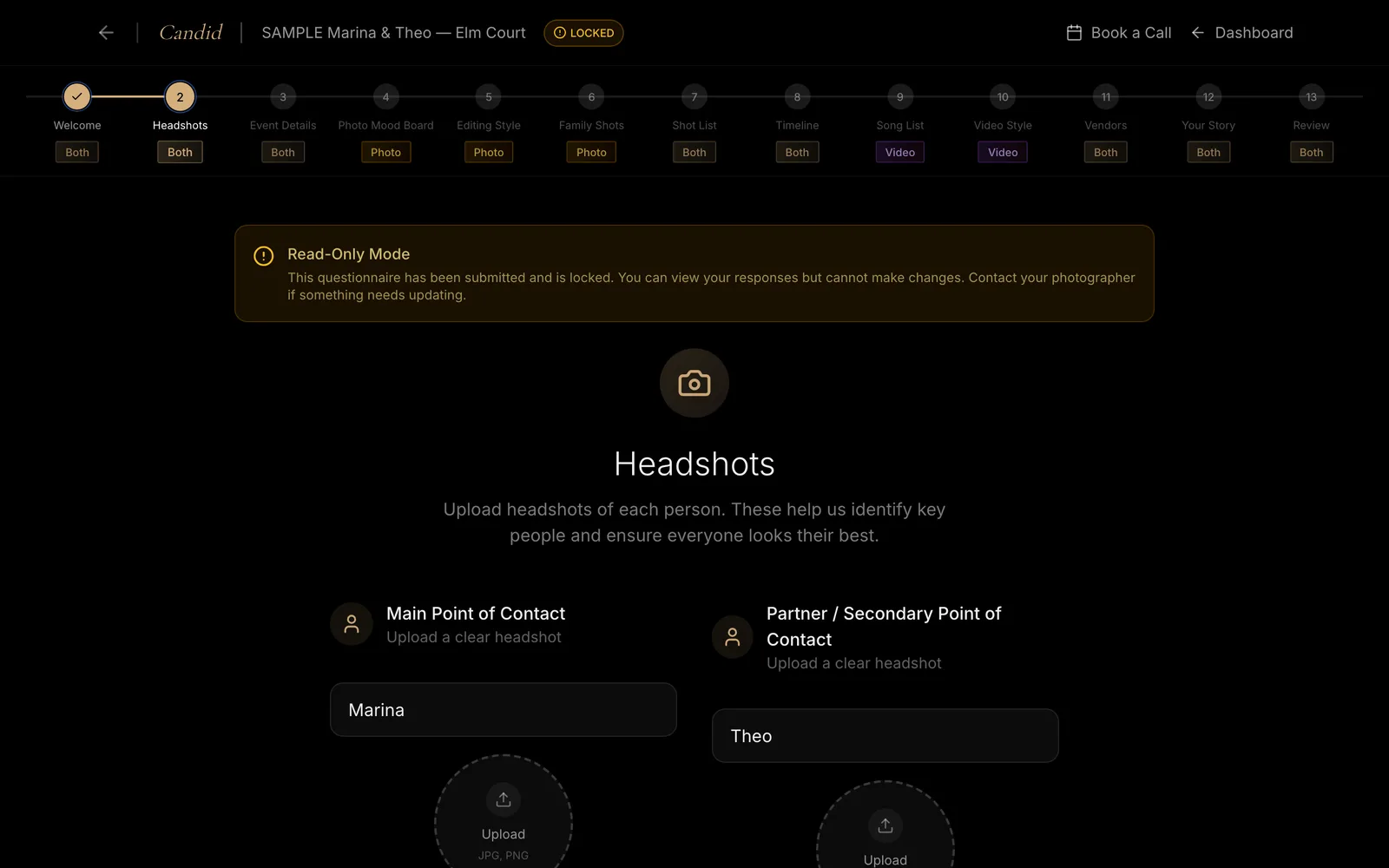 The Questionnaire page showing all 13 sections and the Headshots section content in Read-Only Mode