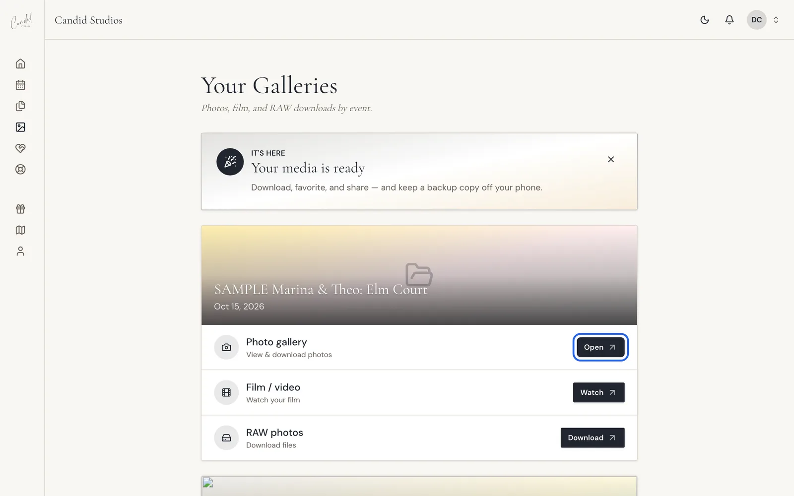 The Your Galleries page in the Candid Studios client portal, with the Open button for the photo gallery highlighted