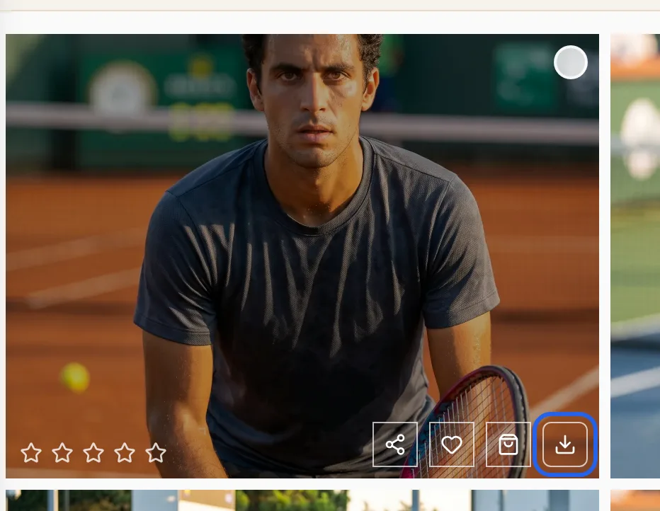 A photo in the gallery showing its share, favorite, order print and download buttons, with download highlighted