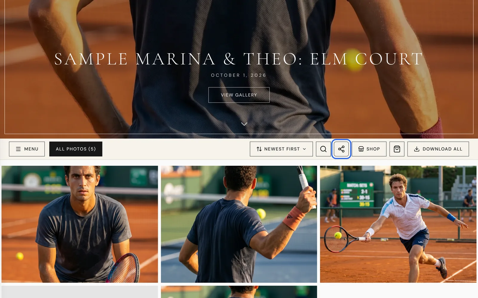 The gallery page header showing the Share Gallery button and a list of photos with share icons