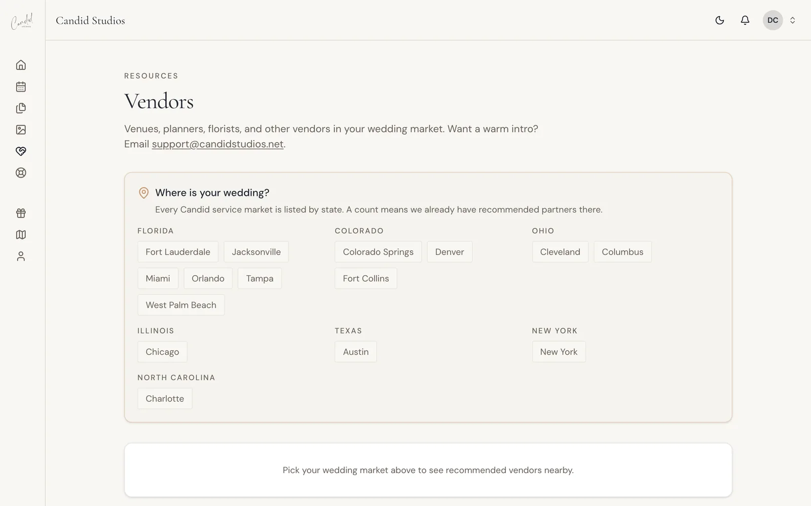 The Vendors page showing a list of states and cities like Florida, Colorado and New York grouped by state
