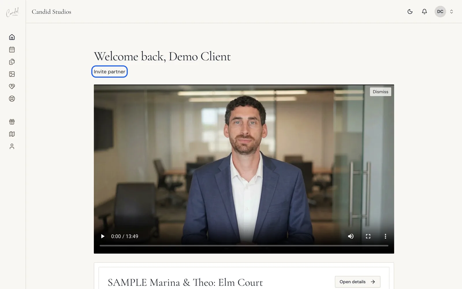 The client portal Home page with the Invite partner link highlighted under the welcome heading