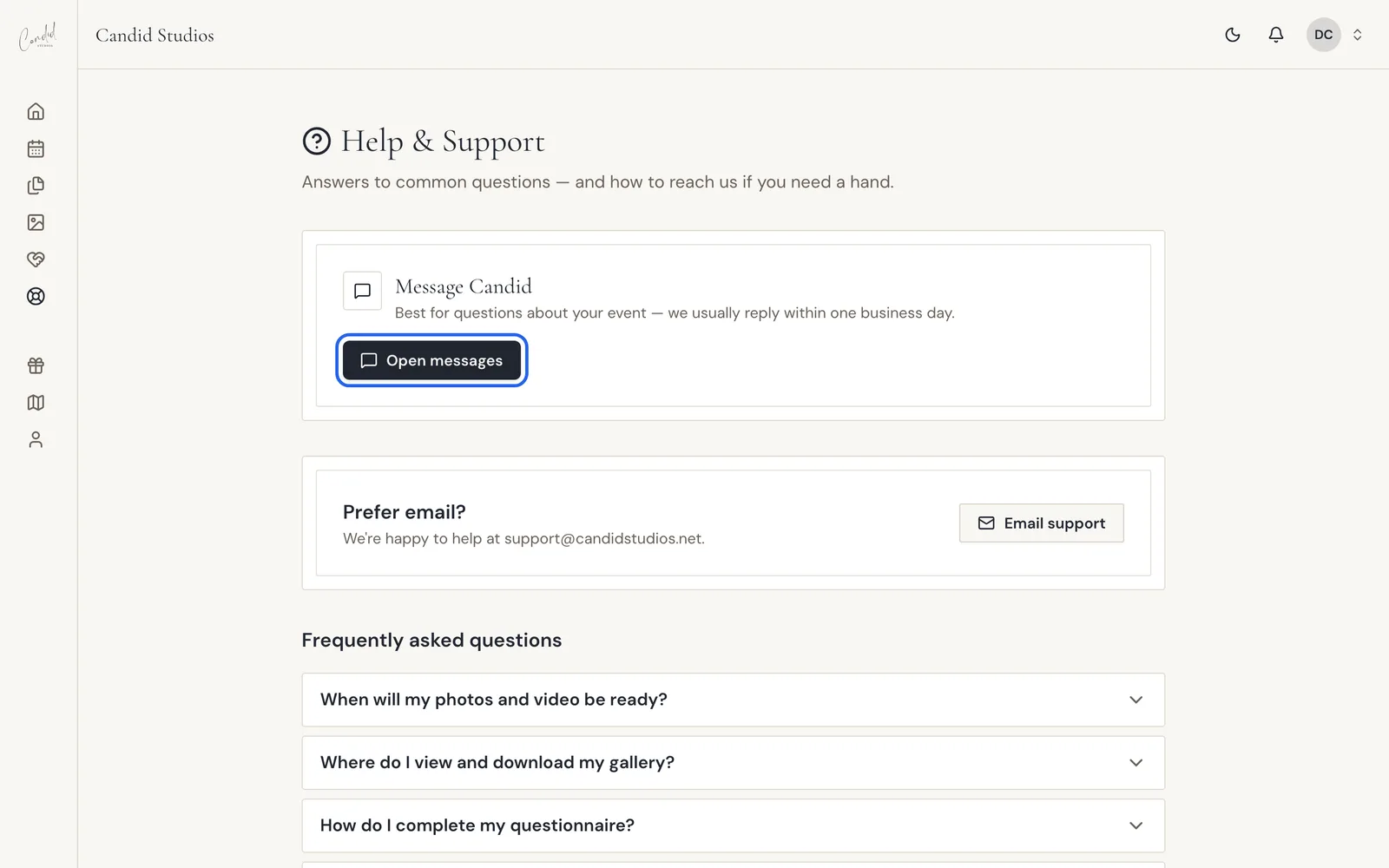 The Help and Support page in the client portal with the Open messages button highlighted