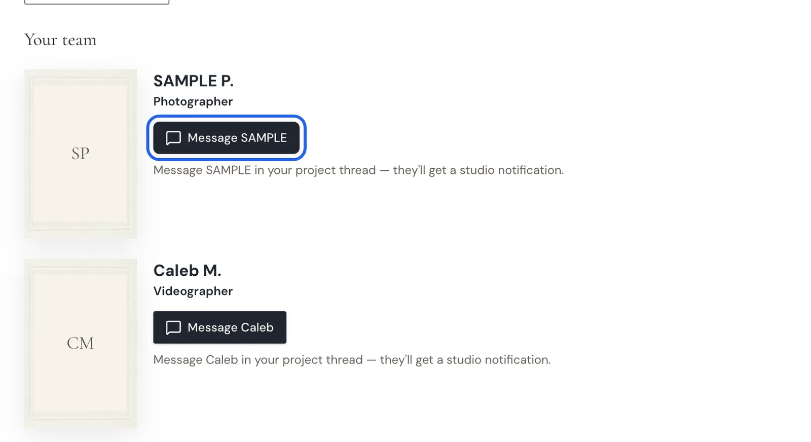 The Your team section of the Home page with a Message button for the photographer highlighted