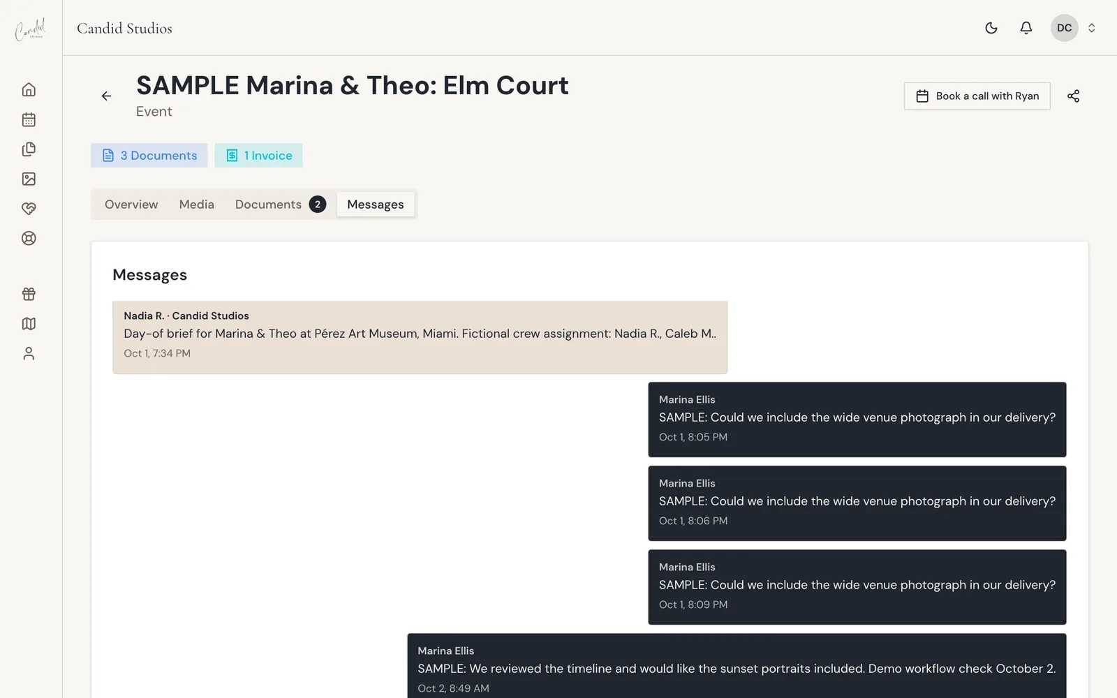 The Messages tab of an event page showing a conversation between the client and the Candid Studios team