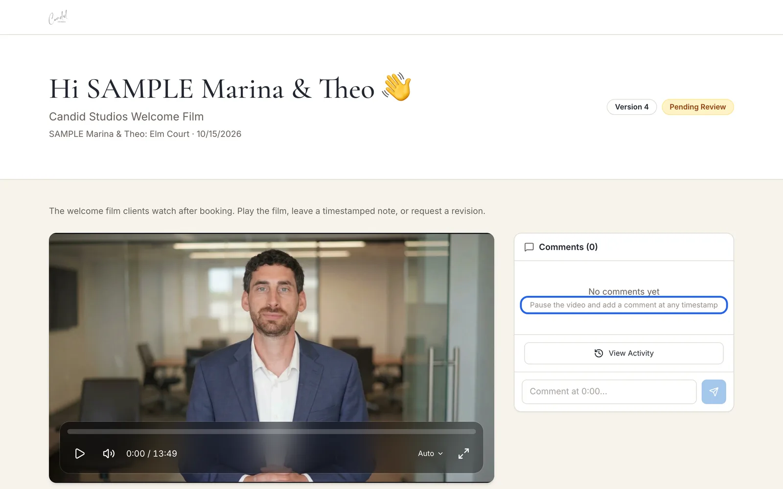 The film review page showing the video player and an empty Comments panel with instructions to pause and add a comment
