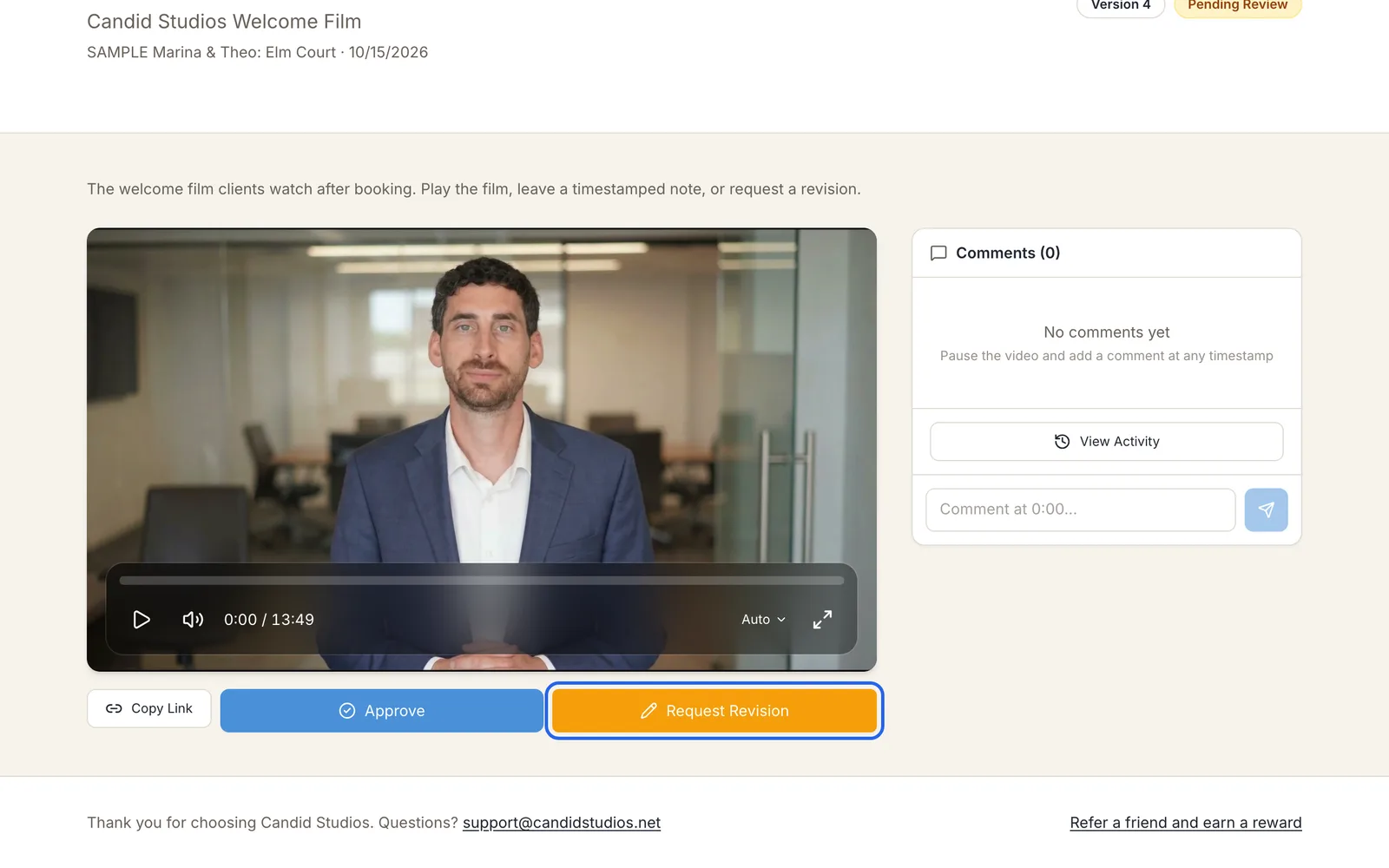 The film review page showing the Approve and Request Revision buttons below the player