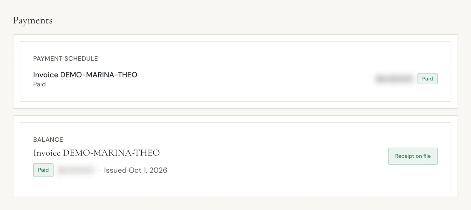The Payments section of the Documents page listing the payment schedule and balance